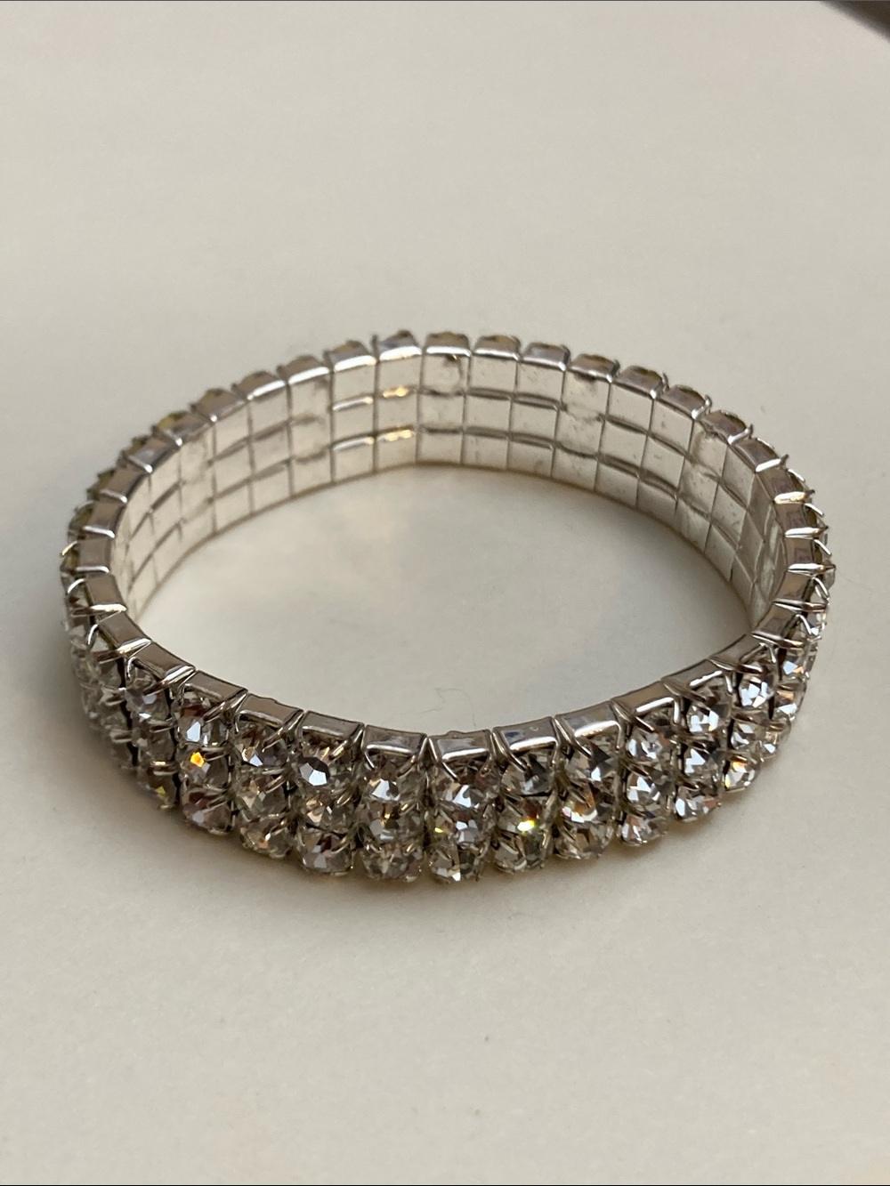 Triple Row Clear Crystal Rhinestone Stretch Bracelet - Sparkling Silver Tone